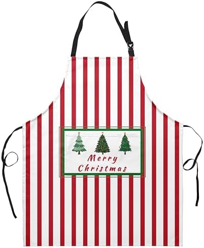 Xmas Aprons for Adults Xmas Tree Cooking Apron with Adjustable Neck Strap Red Striped Kitchen Apron with Pockets for Cooking Baking Sewing Crafting Gardening