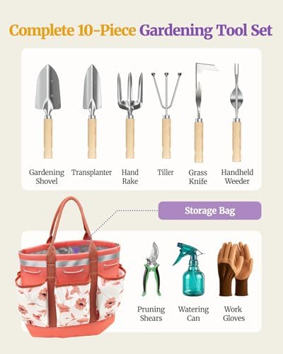 10Pcs Garden Tool Set, Rust-Proof Stainless Steel, Ash Wood Handles, Pink