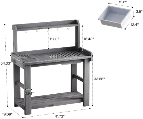 Jocisland Outdoor Solid Wood Potting Bench with Tabletop, Sink&Shelf, Gray