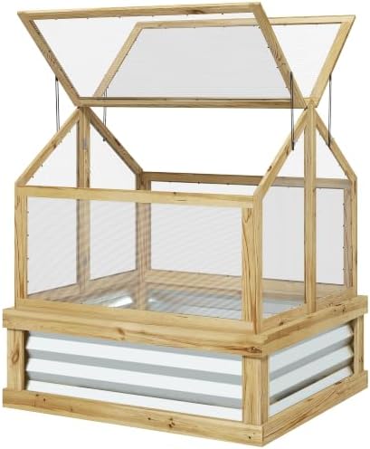 Outsunny Wooden Raised Garden Bed with Polycarbonate Greenhouse, Natural