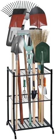 RANXFLOAT Garden Tool Organizer with Storage Hooks, Yard Tool Tower Rack for Garage Organization and Storage, Up to 35 Long-Handled Tools, Metal Tool Holder with 6 Hooks, Black