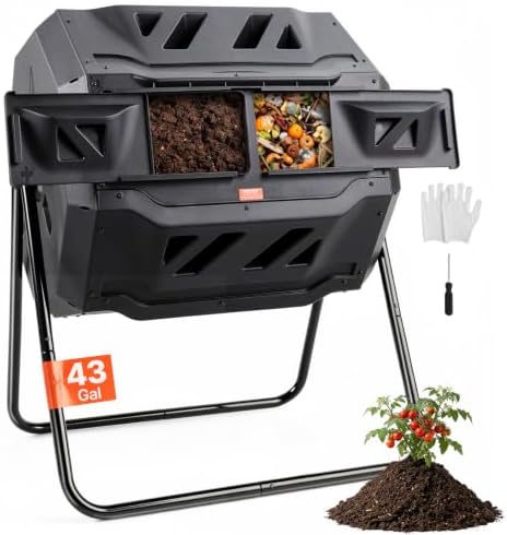 VEVOR Compost Bin, 43-Gal Dual Chamber Composting Tumbler, Large Tumbling Rotating Composter with 2 Sliding Doors and Steel Frame, BPA Free Composter Bin Tumbler for Garden, Kitchen, Yard, Outdoor