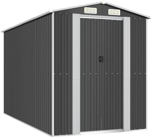 Gecheer Large Metal Garden Storage Shed 192x357x223cm Anthracite Galvanized Steel Outdoor Tool House with Sliding Door and Vent for Lawn Mower Pool Equipment