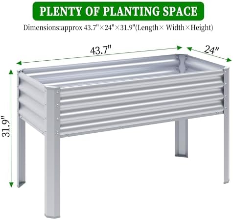 Galvanized Raised Garden Bed with Legs, 43×24×32in Large Metal Elevated Raised Planter Box with Drainage Holes for Backyard, Patio, Balcony, 400lb Capacity,Sliver