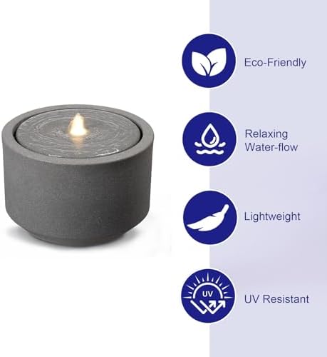 10.23” H Outdoor Water Fountain Made with Eco-Friendly Recyclable Materials, Polyethylene Round Bubbler Water Fountain Outdoor, Garden Decor with LED Light for Patio, Porch, Backyard