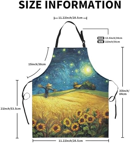 Fall Aprons Golden Sunflower Wheat Field Under Van Gogh Starry Night Apron with Pockets Adjustable Strap Autumn Kitchen Chef Apron Art Apron for Painting Crafting Cooking Barbecue Sewing