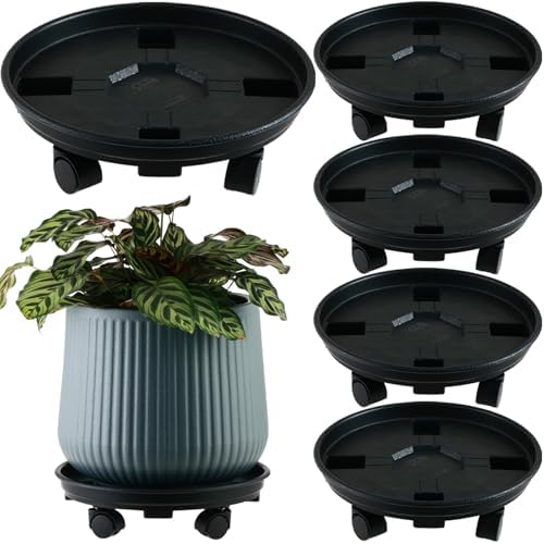 5 Packs 15.8 Inches Extra-large Plant Caddy Plant Saucers on Wheels Rolling Plant Stands Heavy-duty Plant Dolly Plastic Planter Roller Base Pot Movers Outdoor Plant Tray Coaster Holder, Black