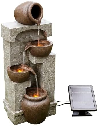 Teamson Home 28 in. Cascading Bowls and Stacked Stones LED Outdoor Water Fountain for Outdoor Living Spaces to Create a Calming Oasis in Gardens and Landscaping, on Patios, Balconies, Lawns, Brown
