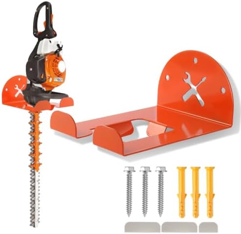 Upgraded Trimmer Rack Wall Mount - 8" Heavy Duty Weed Eater Hanger for Garage Wall, Garden Power Tool Holder Organizer Hooks for Grass Trimmer, Hedge Trimmer, Leaf Blower and Chainsaw, Orange, 1 Pack