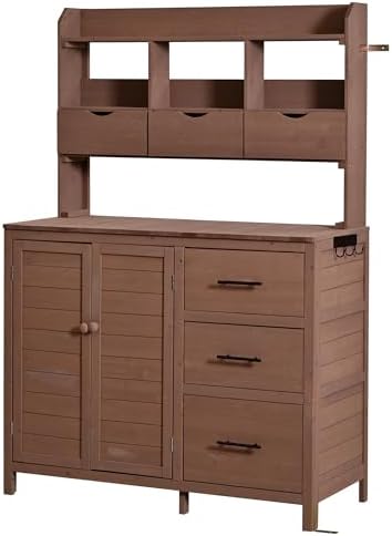 Farmhouse Patio Potting Bench,Large Freestanding Garden Workstation with 6 Drawers, Bottom Storage and Side Hook,Outdoor Kitchen Island (Brown-s)