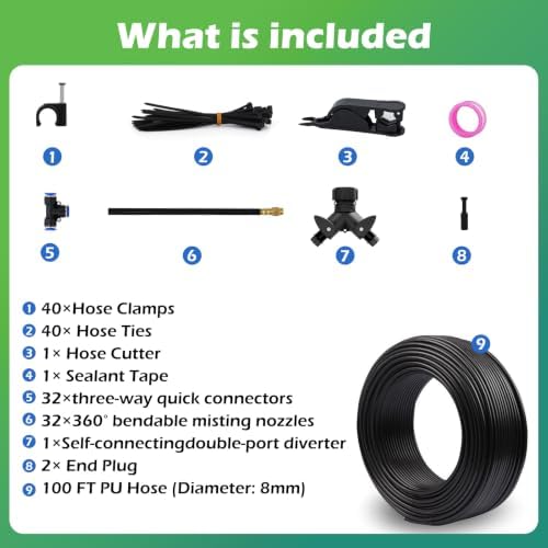 100 FT 360° Adjustable Drip Irrigation System with 32 Nozzles