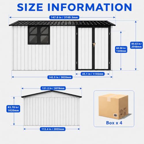 10x12 FT Outdoor Storage Shed, Large Metal Garden Shed with Window & Hinged Door, Upgraded Outside Tool Shed with Foldable Worktable & 2 Shelves, Waterproof Storage Building for Backyard, White+Black