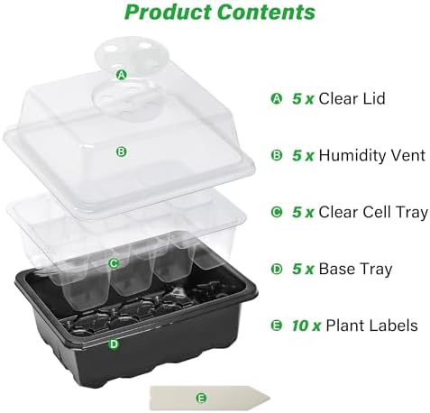 5-Pack Seed Starter Trays, Humidity Dome, Base, 12-Cell Tray, Black