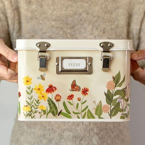Wildflower Botanicals Tin Seed Organizer Storage Box, Garden Seed Packet Vault Container, Gardening Supplies, Greenhouse Accessories, Gardening Gifts for Women