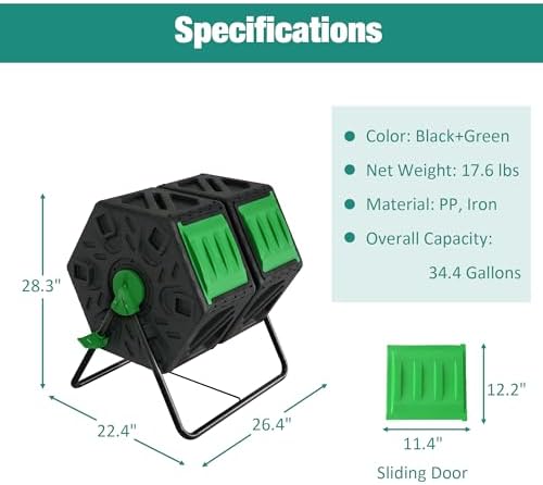 42 Gallon Dual Chamber Compost Tumbler - Outdoor Rotating Bin with Sliding Doors for Easy Turning - All Season Composter for Quick Recycling
