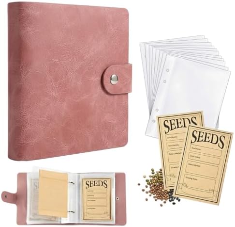 Seed Storage Organizer Binder, Efficient Seed Packet Organizer with 50 Pack Seed Envelopes, PU Garden Seed Holder Book, Seed Binder for Garden Planner, Flower Seed Keeper (Pink)