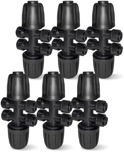 6 Pack 1/2'' to 1/4'' Drip Irrigation Fittings, Push-to-Fit 6 Way Drip Irrigation Part Barbed Tee Connectors, Anti-Leak Locked Splitter Fitting for 1/2" Irrigation Tubing (0.6''-0.67''OD)