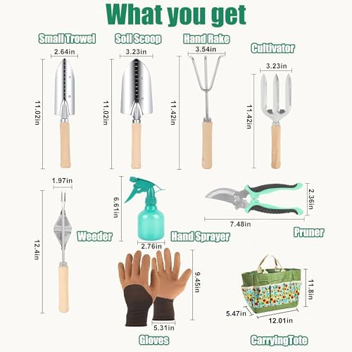 Garden Tool Set, 9 Pcs Heavy Duty Stainless Steel Gardening Hand Tool, Yellow Garden Tool Bag Kit, Gardening Supplies Gifts for Women Men Mom Dad Gardener Beginner