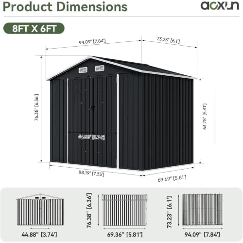 Aoxun 6' x 8' Storage Shed Outdoor Steel Black