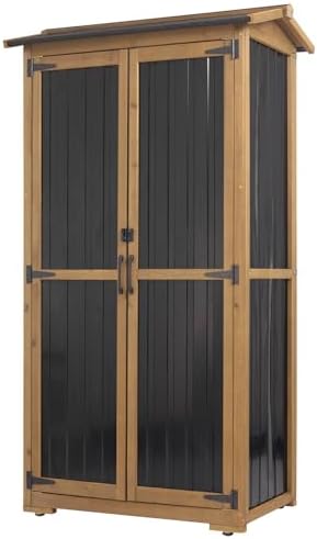 Outdoor Storage Cabinet, Wood & Metal Garden Cabinet with 3 Adjustable Shelf, Weather-Resistant Roof, Lockable Doors & Adjustable Feet for Patio, Garden, Farm (33" L x 21" W x 69" H)