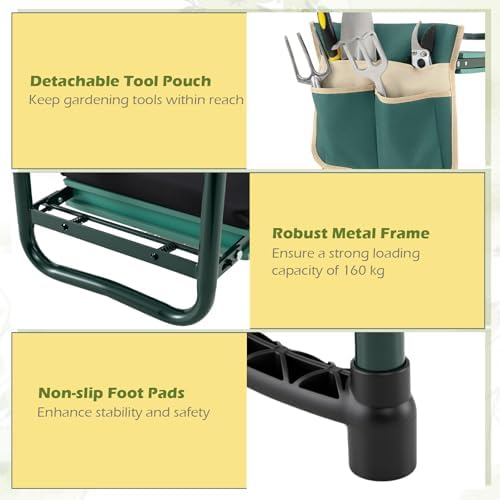 Garden Kneeler and Seat with 15.5" L×11" W EVA Kneeling Pad, Green
