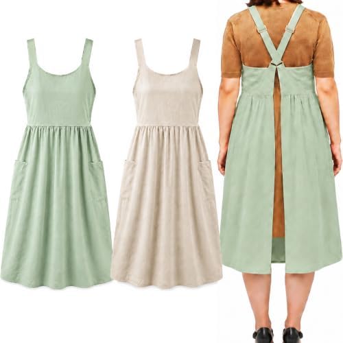 Cotton Linen Apron Cross Back Apron for Women with Pockets Pinafore Dress
