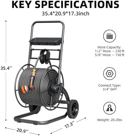 Upgraded Hose Reel Cart with Wheels Holds up to 230ft of 1/2” Hose