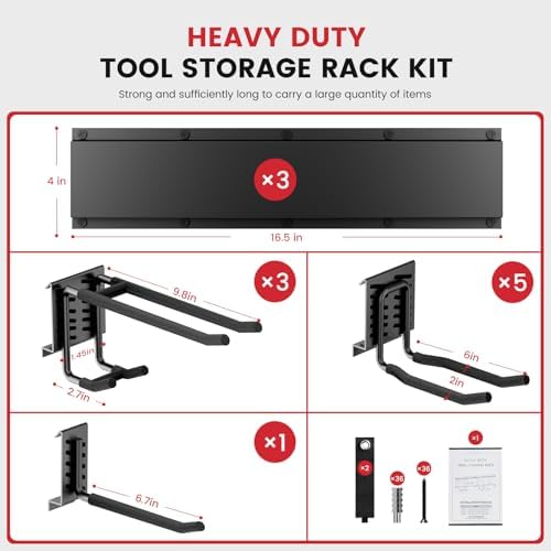 49.5" Heavy Duty Wall Mounted Garage Tool Organizer – 3 Panels & 9 Adjustable Hooks, 690 lbs Load Capacity, Modular Storage for Efficient Tool Organization, Easy Install in Garage, Garden, 14 Pack