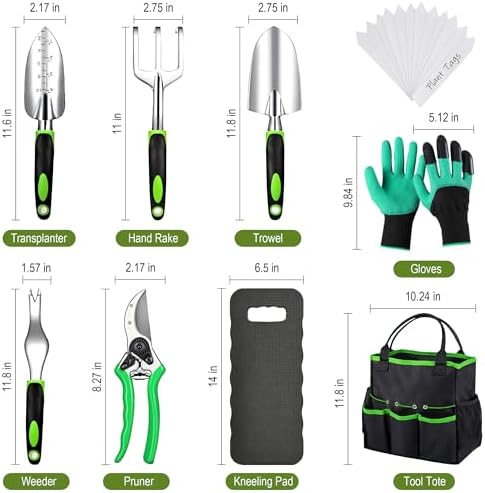 Gardening Tools Set, 23-Piece Heavy Duty Ergonomic Garden Hand Tools with Storage Tote, Knee Pad & Protective Gloves - Ideal Gardening Gifts for Women, Men & Gardeners