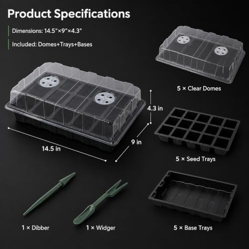 Gardzen 5 Pack Seed Starter Trays with Vented Domes 75 Cell Black