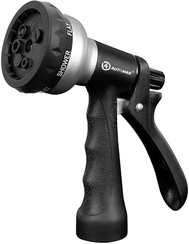 AUTOMAN-Garden-Hose-Nozzle, ABS Water Spray Nozzle, 7 Adjustable Watering Patterns, Slip Resistant for Watering Plants, Lawn& Garden, Washing Cars, Cleaning, Showering Pets & Outdoor Fun.Silver Color