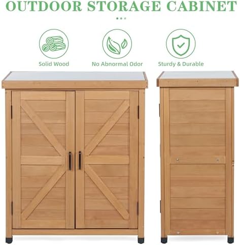 Outdoor Potting Bench with Storage Cabinet and Metal Top, Wood Workstation for Outdoor Patio, Garden (Light Brown, 31x17x36‘’)