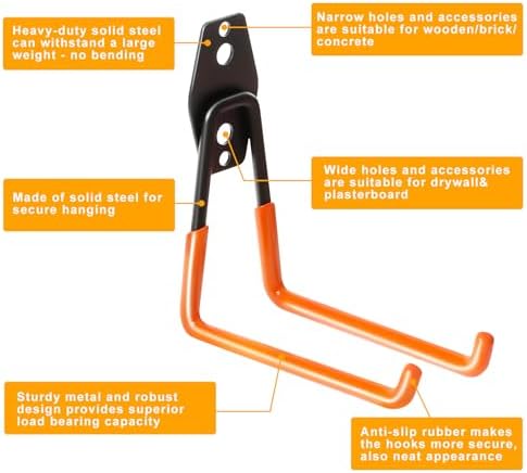 Heavy Duty Wall Hook for Tool/Water Hose, Garden Hose Holder Wall Mount for Indoors Outside, 2 Pack Garage Storage Hanger for Hanging Shovel/Ladder/Extension Cord, Metal Utility Hook Organizer