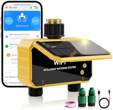 Sprinkler Timer, Solar WiFi Water Timer for Garden Hose, 2 Zone Water Sprinkler with Rain Sensor and Manual Mode via APP/Voice Control, Automatic Irrigation Control System for Lawns, Yard and Pool