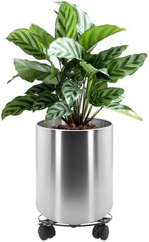 11.8 Inch Dia Round Planter, Modern Indoor Outdoor Large Stainless Steel Plant Pot and Plant Caddy with Wheels for Home Patio Garden, Easy to Clean and Move