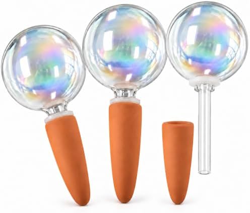13 oz Non-Clogging Iridescent Ball Plant Watering Globes with Terracotta Spikes, Hand Blown Glass Self Watering Planter Insert, Watering Bulbs for Big & Medium Plants (3 Pack)
