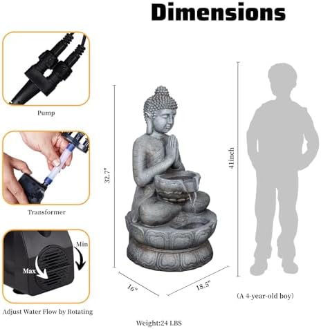 32.7" H Buddha Fountain Outdoor Indoor, Zen Waterfall Fountain with LED