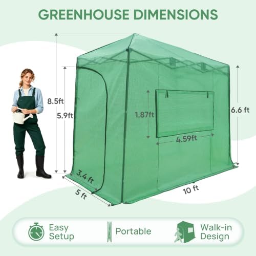 EAGLE PEAK 10x5 Easy Setup Pop Up Greenhouse, Lean-To Design, Clear/Green