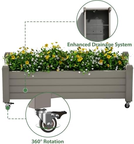 Raised Garden Bed with Wheels, Resin Planter Box with Drain Hole and Water Level Detector, Herb Planter for Garden Patio Backyard, Gray(13.3" H)