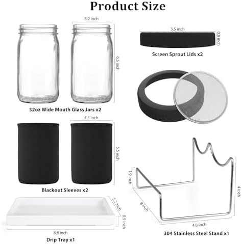 Organic Seed Sprouting Jar Kit – 2 × 32 oz Wide-Mouth Mason Jars with Stainless-Steel Sprouter Lids & Stand, Blackout Sleeves, Drain Tray – Grow Broccoli, Alfalfa & Bean Microgreens