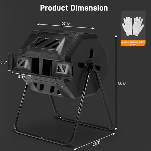 Outdoor Dual Chamber Compost Tumbler, 43 Gallon Black Rotating Batch Compost Bin with Sliding Doors for Garden Kitchen Yard