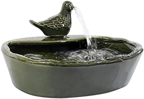 Sunnydaze 7" Ceramic Solar Powered Garden Water Fountain, Dove Spout, Green