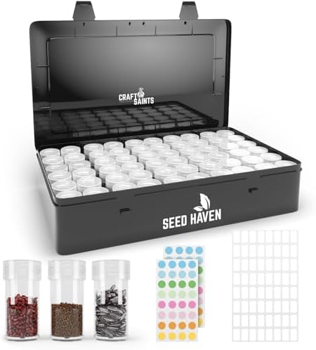 Seed Organizer Storage Box, Black Opaque Light Proof Seed Bank with 60 Transparent Bottles & Labels, Seed Holder Packet Organizer, Seed Vault Container for Homesteaders, Garden Tackle and Bead Sorter