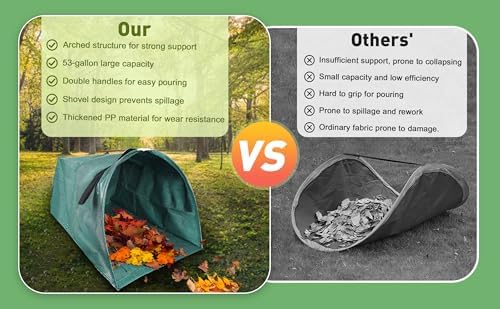200L (53 Gallon) Heavy Duty Reusable Leaf Bag - Single Collapsible Dustpan-Type Yard Waste Bag for Collecting Leaves, Lawn Debris & Grass Clippings | Stand-Up Garden Waste Container (1)