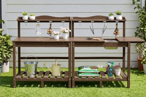 All-Weather HDPE Outdoor Potting Bench 2-Piece Set with Removable Sink, Expandable Gardening Work Station with Sliding Tabletop, Built-in Wheels, Heavy Duty Planting Table, Coffee