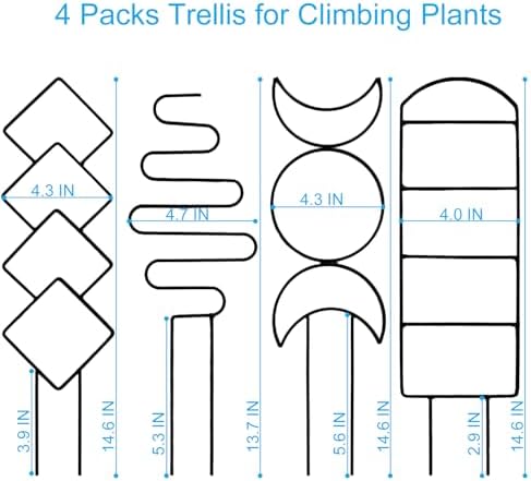4 Packs Trellis for Climbing Plants Indoor, HENABLE Small Garden Metal Trellis for Potted Plants Outdoor for Vine Ivy Flower Plant Support, 4 Different Black Iron Patterns