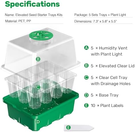 10-Pack Seed Starter Trays, Tall Dome, Base, 12-Cell Tray, Green