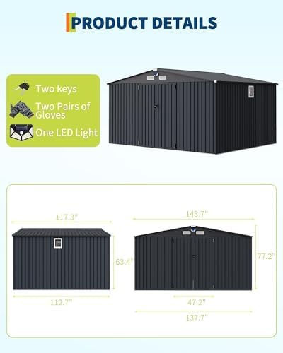 Garvee 10x12 ft Heavy-Duty Metal Storage Shed with Lockable Door & Windows - Galvanized Steel Outdoor Utility Shed with Sloped Roof for Backyard, Garden, Garage, and Patio, Dark Gray