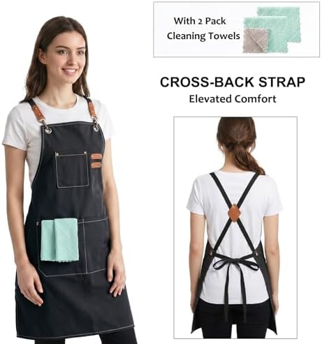 Chef Apron,Cross Back Apron for Women and Men,Cotton Canvas Apron with Adjustable Straps and Large Pockets,Kitchen Cooking Baking Bib Apron