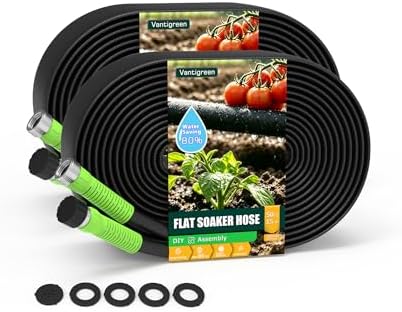 Flat Soaker Hose 100FT for Garden, 2Pack 50FT Upgrade Drip Irrigation Hose with Anodized Metal Ends and Heavy Duty Double-Layer, Leakproof & Flexible Water Saving 80% Hose for Lawn, Beds, Vegetable
